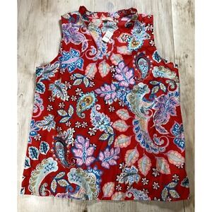 Talbots Womens Red Paisley Ruffle Neck Sleeveless Shell Top Blouse Size L NEW